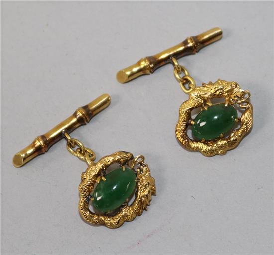 A pair of Chinese yellow metal and jadeite cufflinks.